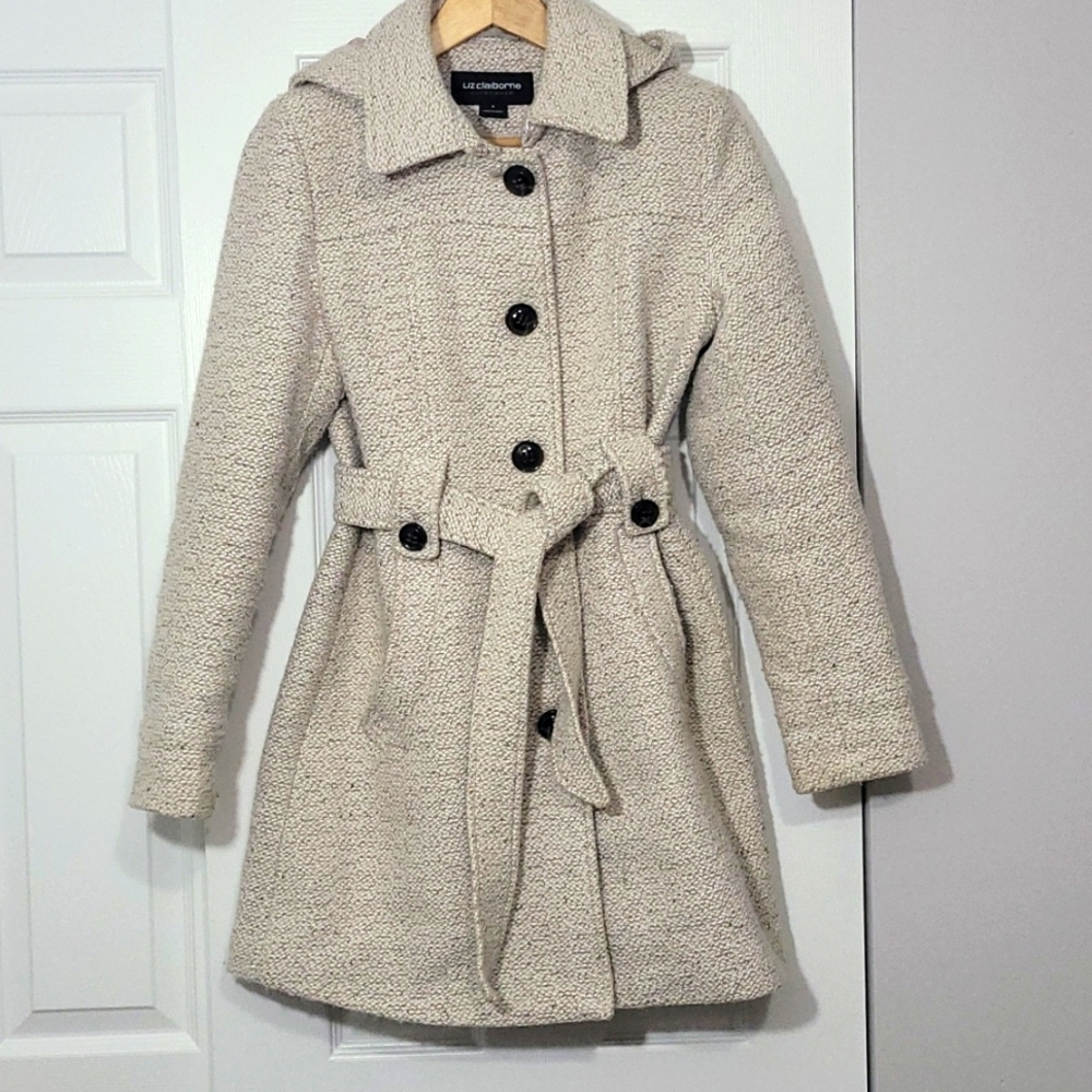 Tan & Cream Hooded Liz Claiborne Pea Coat, Small